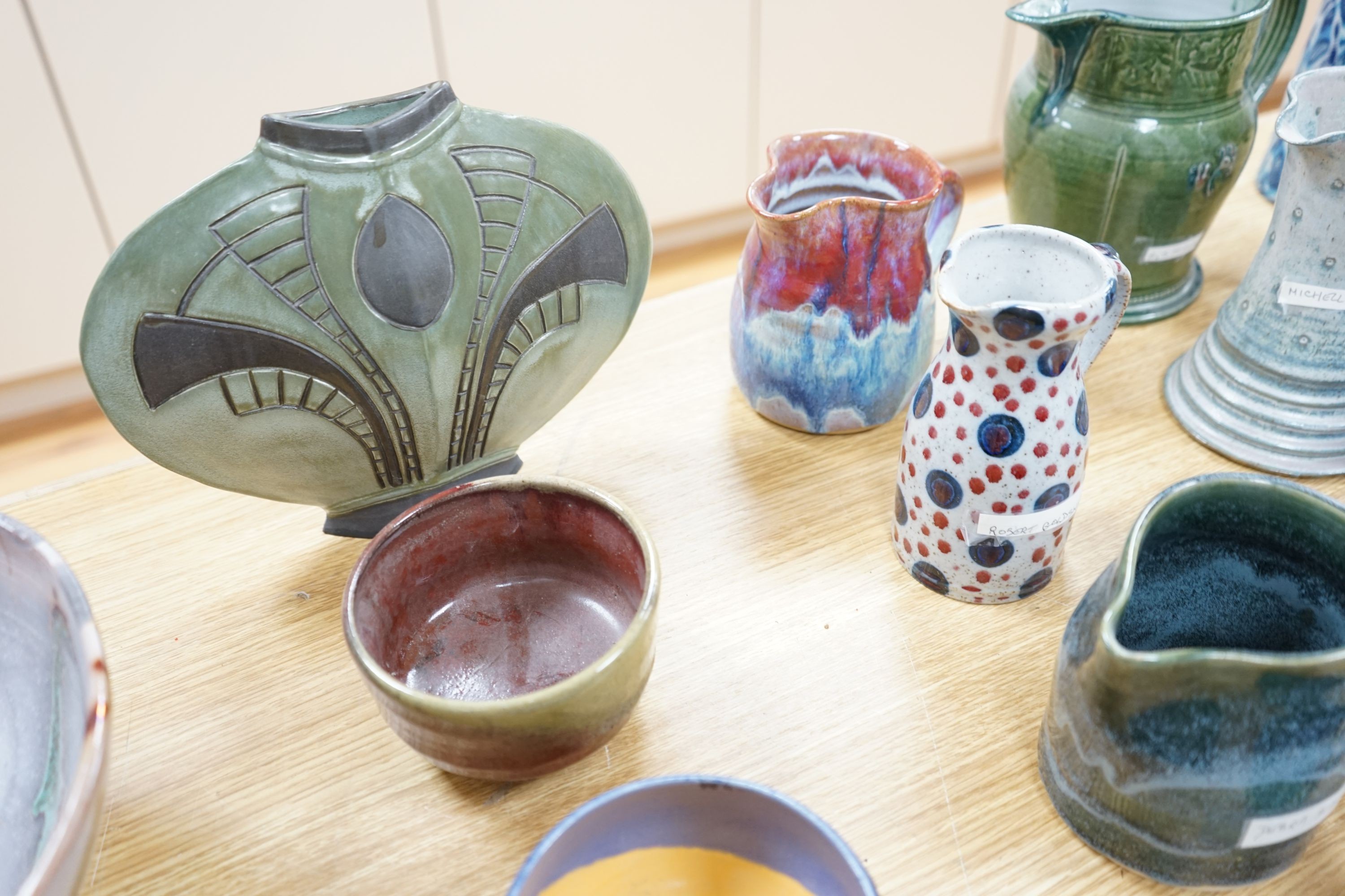 A group of studio pottery jugs, bowls and vases to include- 26cm